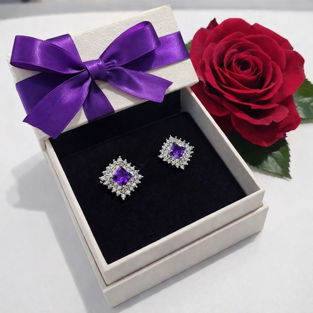 Purple Amethyst Sq. Halo Stud Earrings Silver Tone Princess Cut Cubic Zirconia